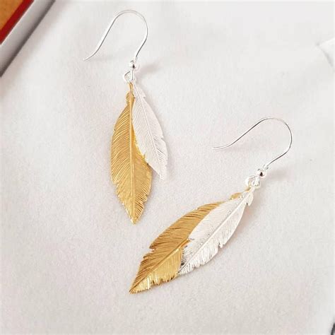 925 Sterling Silver Gold Coated Feathers Drop Earrings Silver Gold