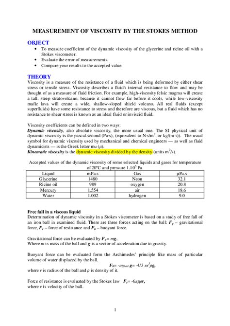 Pdf Measurement Of Viscosity By The Stokes Method