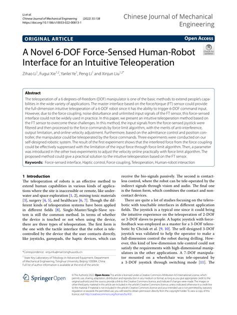 PDF A Novel 6 DOF Force Sensed Human Robot Interface For An Intuitive