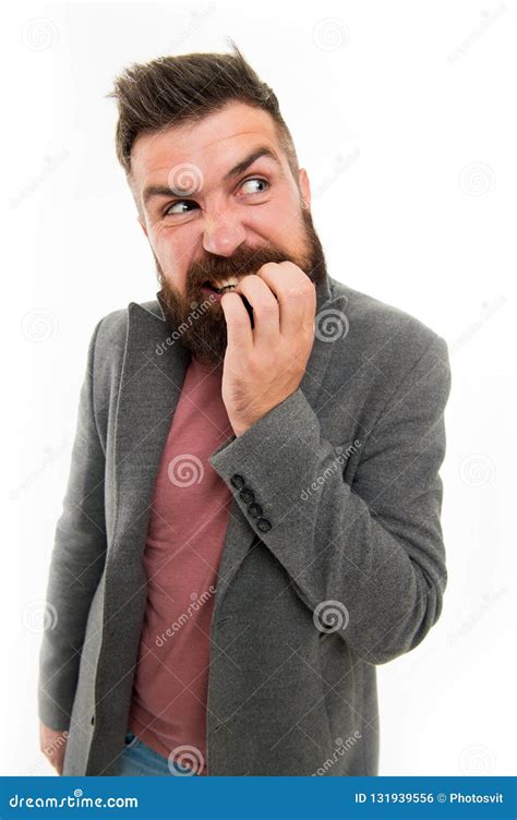 Man Bearded Hipster Doubtful Face Bites Finger While Thinking Nervous