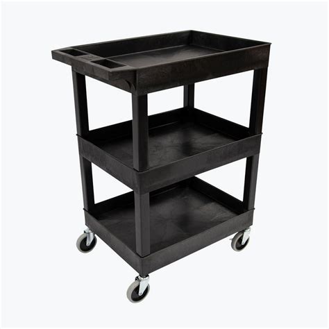 24 X18 Plastic Utility Tub Cart Three Shelf Black With Heavy Duty Casters