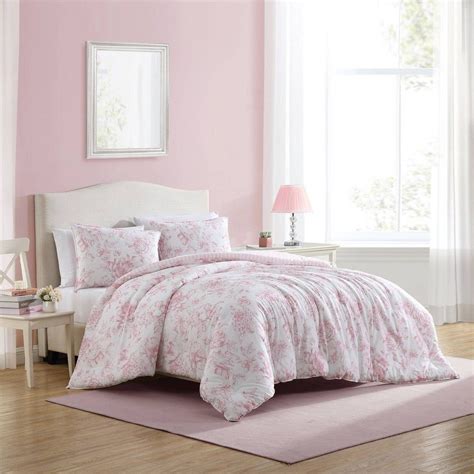 Laura Ashley 2pc Twin Delphine Comforter Bedding Set Pink Cotton Floral Pre Washed Oeko Tex