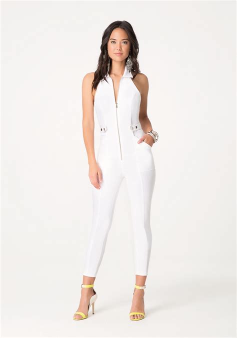 Lyst Bebe Denim Halter Jumpsuit In White