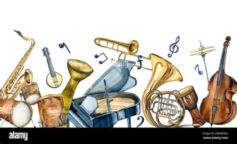 Board Of Jazz Musical Instruments Watercolor Illustration Isolated On