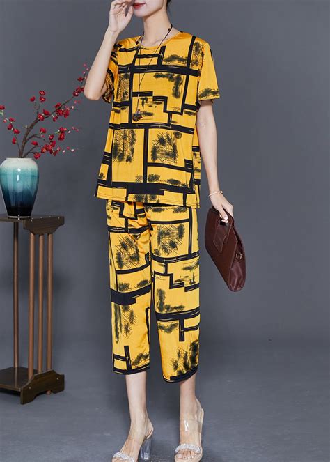 Unique Yellow Oversized Print Ice Silk Two Pieces Set Summer Two