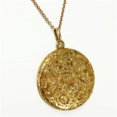 Antique Large K Gold Edwardian Floral Engraved Locket Pendant