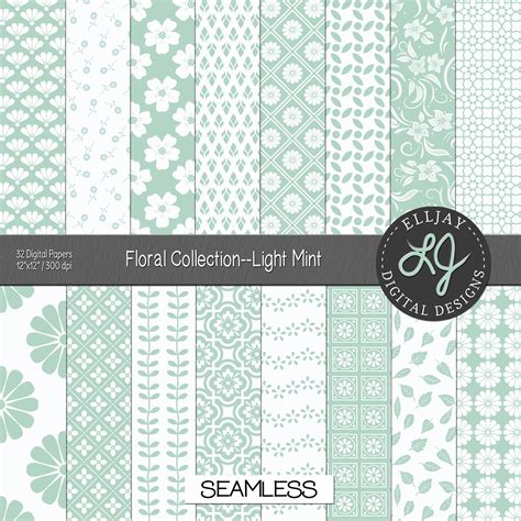 Mint Green Floral Digital Paper Pack. Seamless Mint Scrapbook. 32 Green and White Patterns. Mint ...