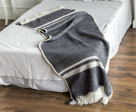 Woven Wool Throw Black Throw Blanket Woven Bed Runner Wool Etsy