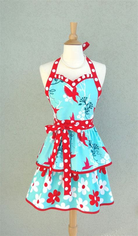 Hummingbird Flirty Sweetheart Double Ruffled Apron In Aqua And Etsy