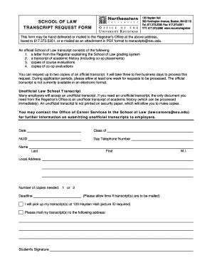 Fillable Online Northeastern SCHOOL OF LAW TRANSCRIPT REQUEST FORM