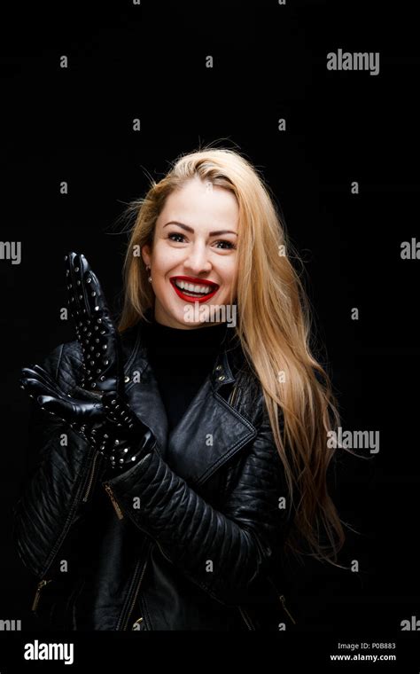 Portrait Of Smiling Blonde In Leather Jacket Stock Photo Alamy