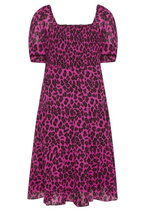 Yours Curve Plus Size Hot Pink Leopard Print Midi Shirred Dress Yours Clothing