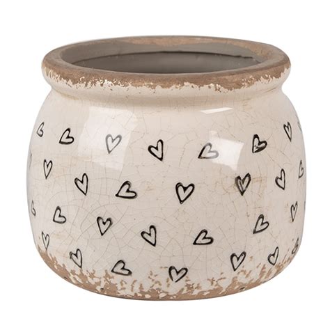 Clayre Eef Bloempot X Cm Beige Zwart Keramiek Hartjes