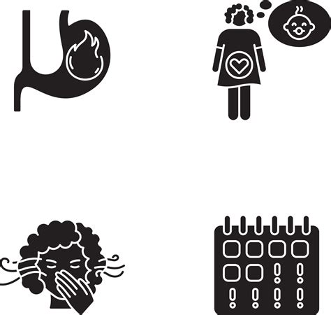 Early Pregnancy Symptom Black Glyph Icons Set On White Space