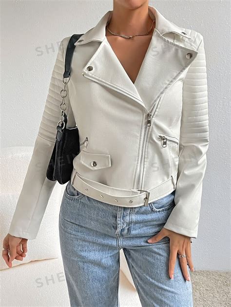 Shein Essnce Lapel Collar Belted Zip Up Pu Moto Jacket Shein Usa