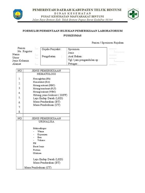 Formulir Permintaan Rujukan Pemeriksaan Laboratorium Puskesmas