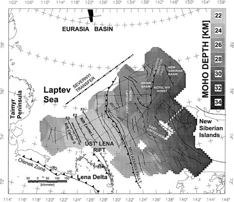 Depth map of the crust±mantle transition (Moho). The values were... | Download Scientific Diagram