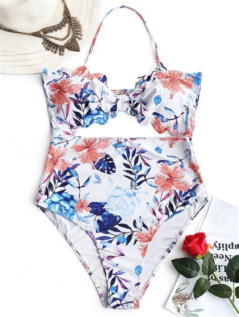 44 Off Leaf Print High Leg Cut Out Plus Size Swimsuit Rosegal