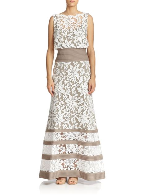 Tadashi Shoji Gray Lace Banded Waist Gown Lyst Floral Evening