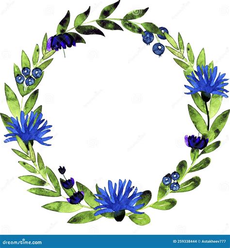 Hand Painted Watercolor Floral Wreath Of Blueberry Cornflower Poppy