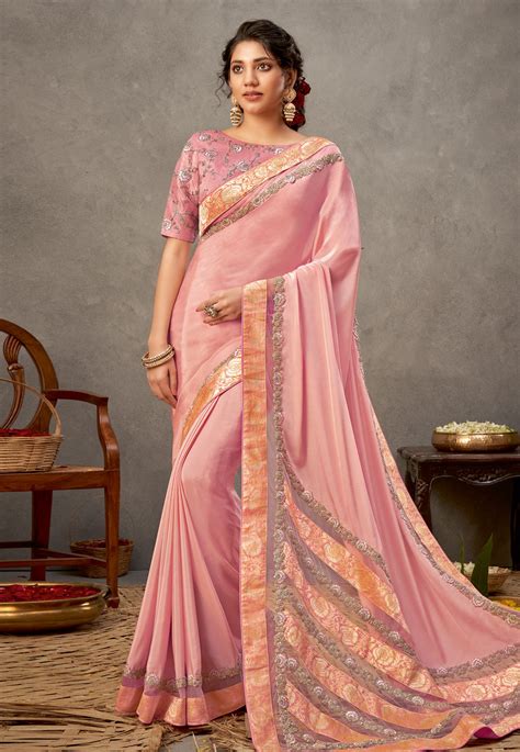 Pink Satin Silk Festival Wear Saree