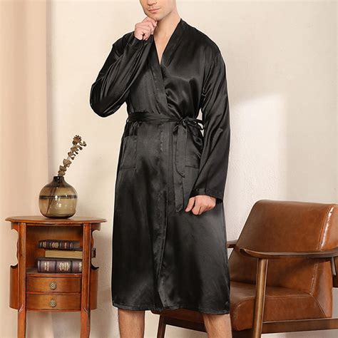 Mens Long Emulation Silk Pajamas Kimono Bathrobe Robe Dressing Gown