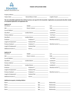 Fillable Online Tenant Application Form Hansen Property Management