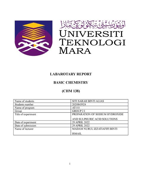 Chm Lab Lab Report Labarotary Report Basic Chemistry Chm