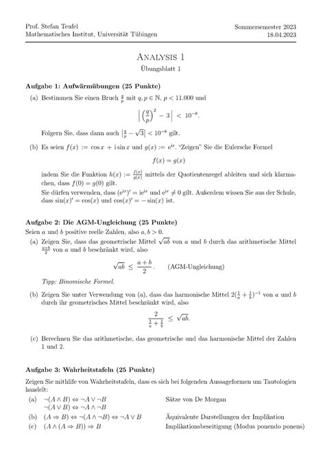 Blatt 1 Sommersemester Ana1 Prof Stefan Teufel Mathematisches