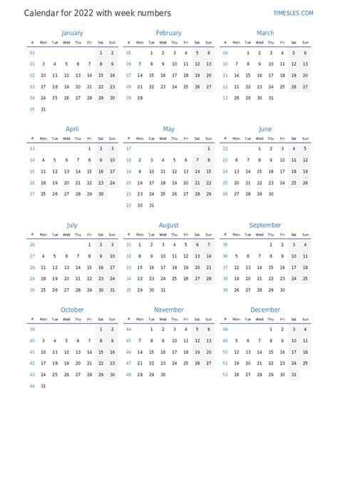 Calendar for 2022 with weeks | Print and download calendar