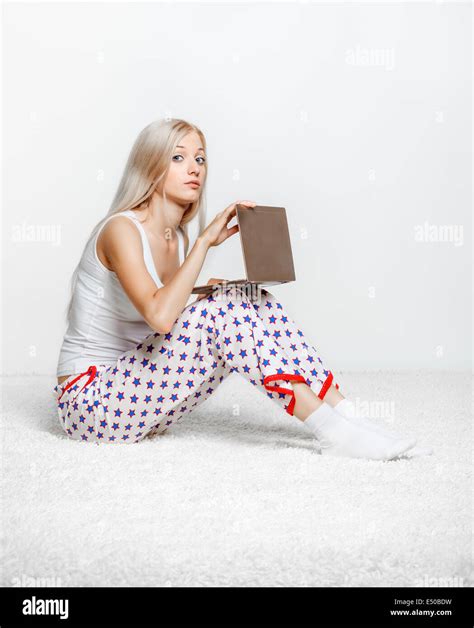 Blonde Woman With Laptop Stock Photo Alamy