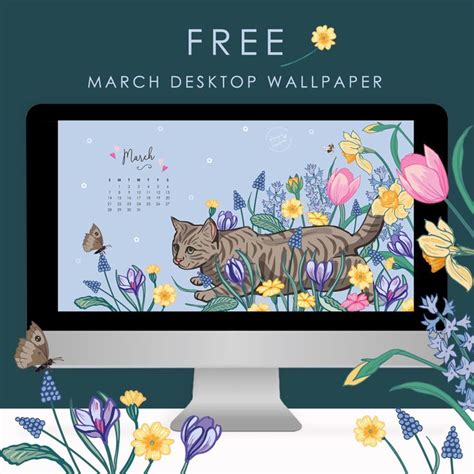 The March Desktop Wallpaper Features A Cat In Flowers And Butterflies