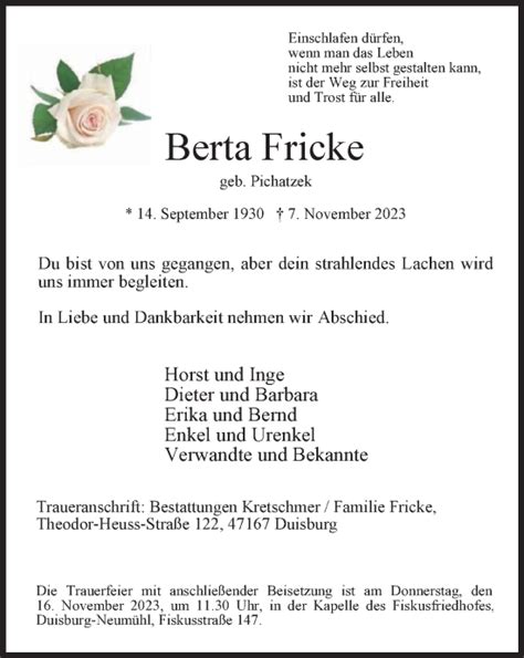 Traueranzeigen Von Berta Fricke Trauer In NRW De