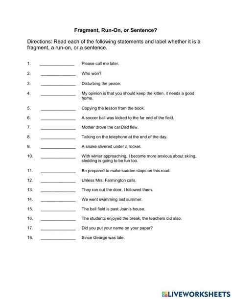 Fragment Run On Or Sentence Worksheet Live Worksheets Worksheets Library