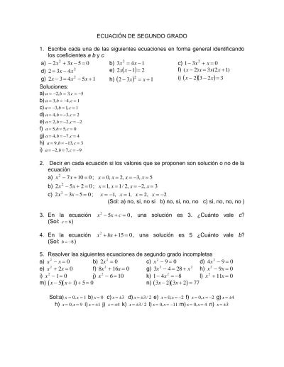 Ecuaci N De Segundo Grado Escribe Cada Una De Las Siguientes