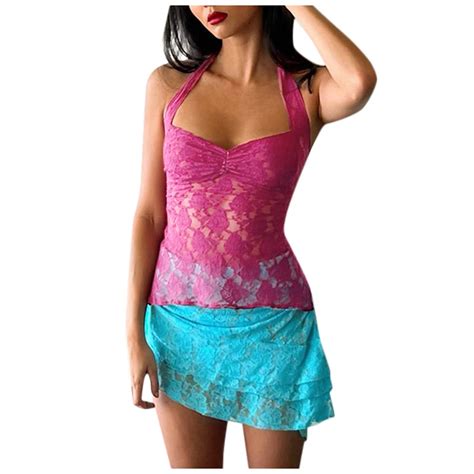 Gdreda Womens Tops Casual Womens Lace Splicinglittle Sexy See Through Top Hot Pinkl