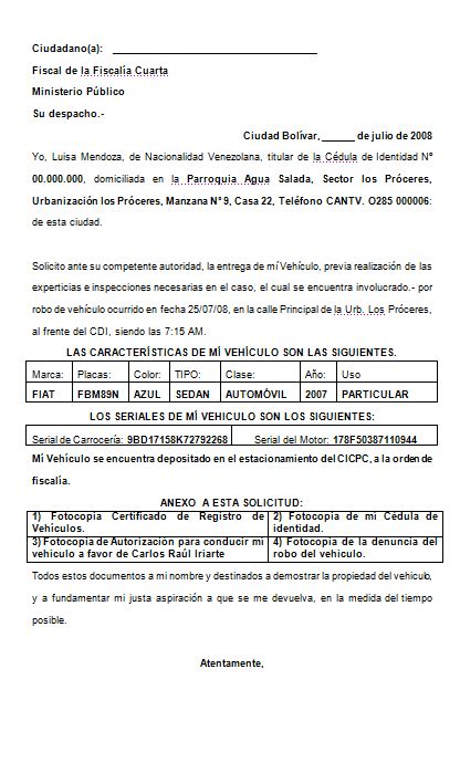Formatos Legales Solicitud A La Fiscal A De Entrega De Veh Culo