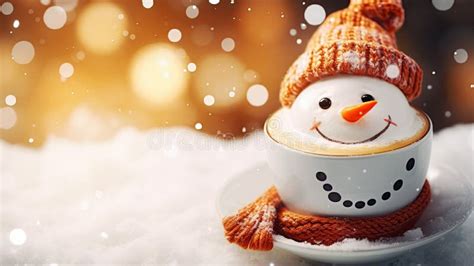 Cup Of Coffee Or Hot Chocolate With Melted Marshmallow Snowman Winter Cozy Hot Drink With Milk