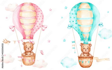 Teddy Bears On Pink And Blue Air Balloons Watercolor Hand Drawn