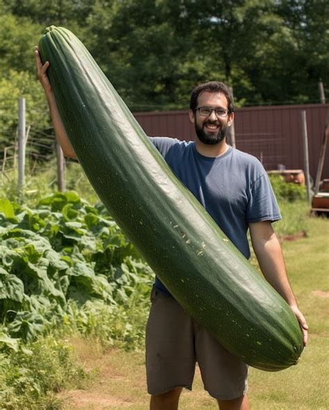 Premium Ai Image A Man Holding A Large Zucchini That Sayscucumberon It