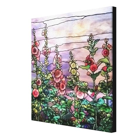 Hollyhocks Vintage Floral Tiffany Stained Glass Canvas Print Stained Glass Flowers Faux Stained