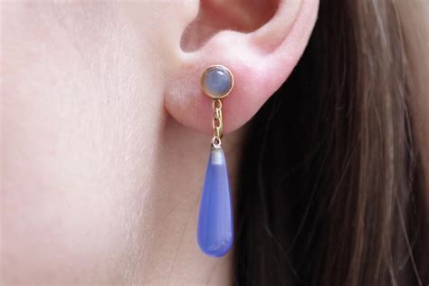 Edwardian Blue Chalcedony Earrings In 18K Gold Dangle Earrings