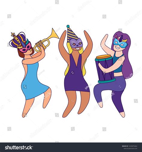 Women With Mardi Gras Mask Hat Crown Drum And Royalty Free Stock