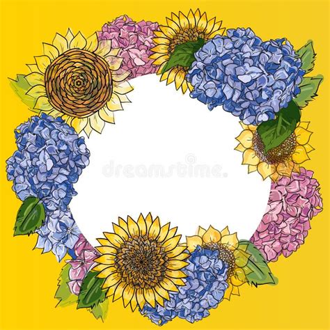 Corona Con I Girasoli E L Ortensia Disegnati A Mano Nel Telaio Rotondo