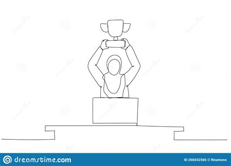 Cartoon Of Muslim Businesswoman In Office Holding A Trophy Showing