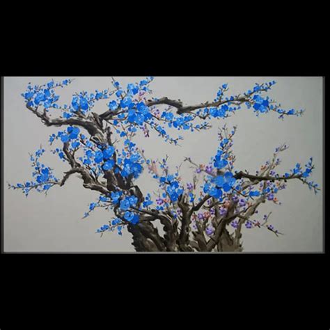 Hand painted blue plum blossom flower tree oil painting on canvas home ...