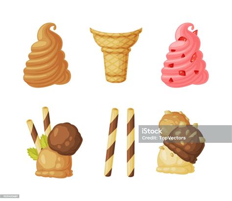 Ice Cream Parts With Chocolate Ball Nuts Stick Swirl And Waffle Cone