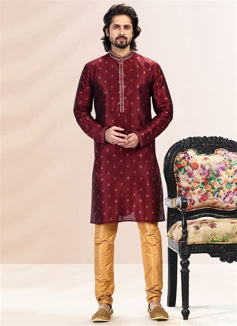 Shop Maroon Banarasi Silk Jacquard Work Kurta Pyjama Party Wear Online