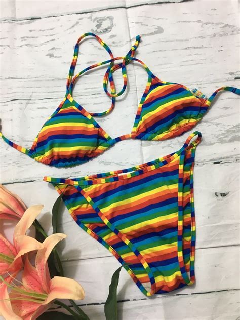 Pride Outfit Gay Aesthetic Striped Bikini Beach Sunset Rainbow