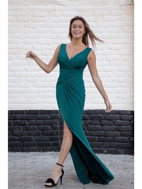 Robe longue décolleté en V Vert canard Anne Sophie